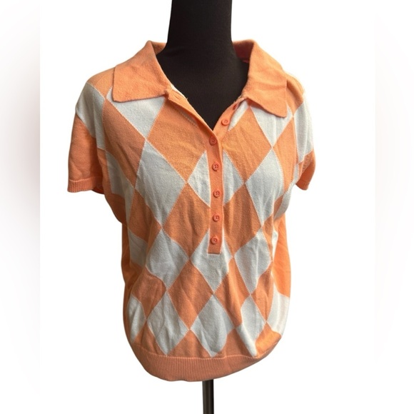 Y2K 1990’s VINTAGE WESTBOUND PETITES Cotton Argyle Women’s MED Top Orange White - Picture 3 of 13